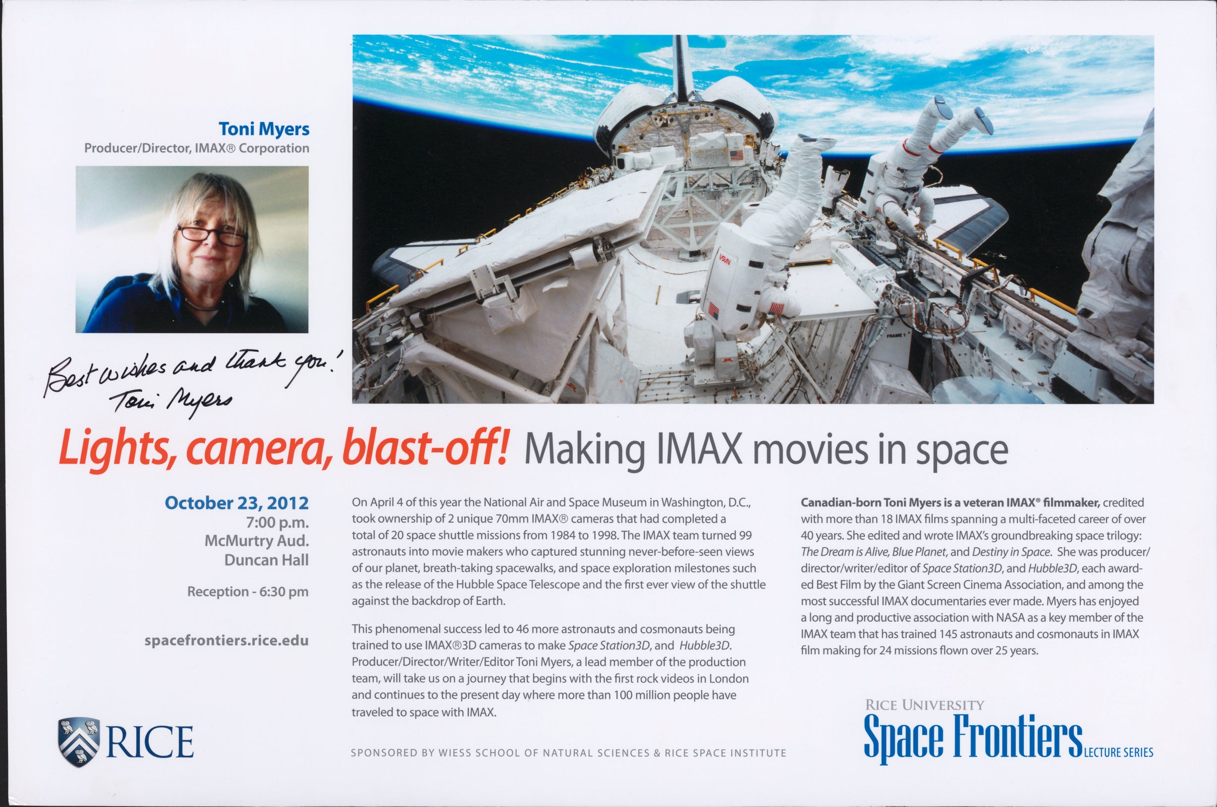 Poster of "Lights, camera, blast-off! Making IMAX movies in space" by Toni Myers