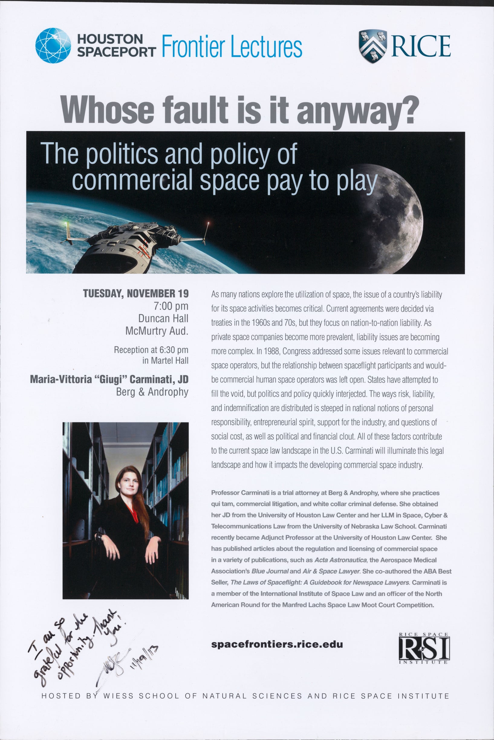 Poster of "Whose fault is it anyway? The policics and policy of commercial space pay to play" by Maria-Vittoria “Giugi” Carminati