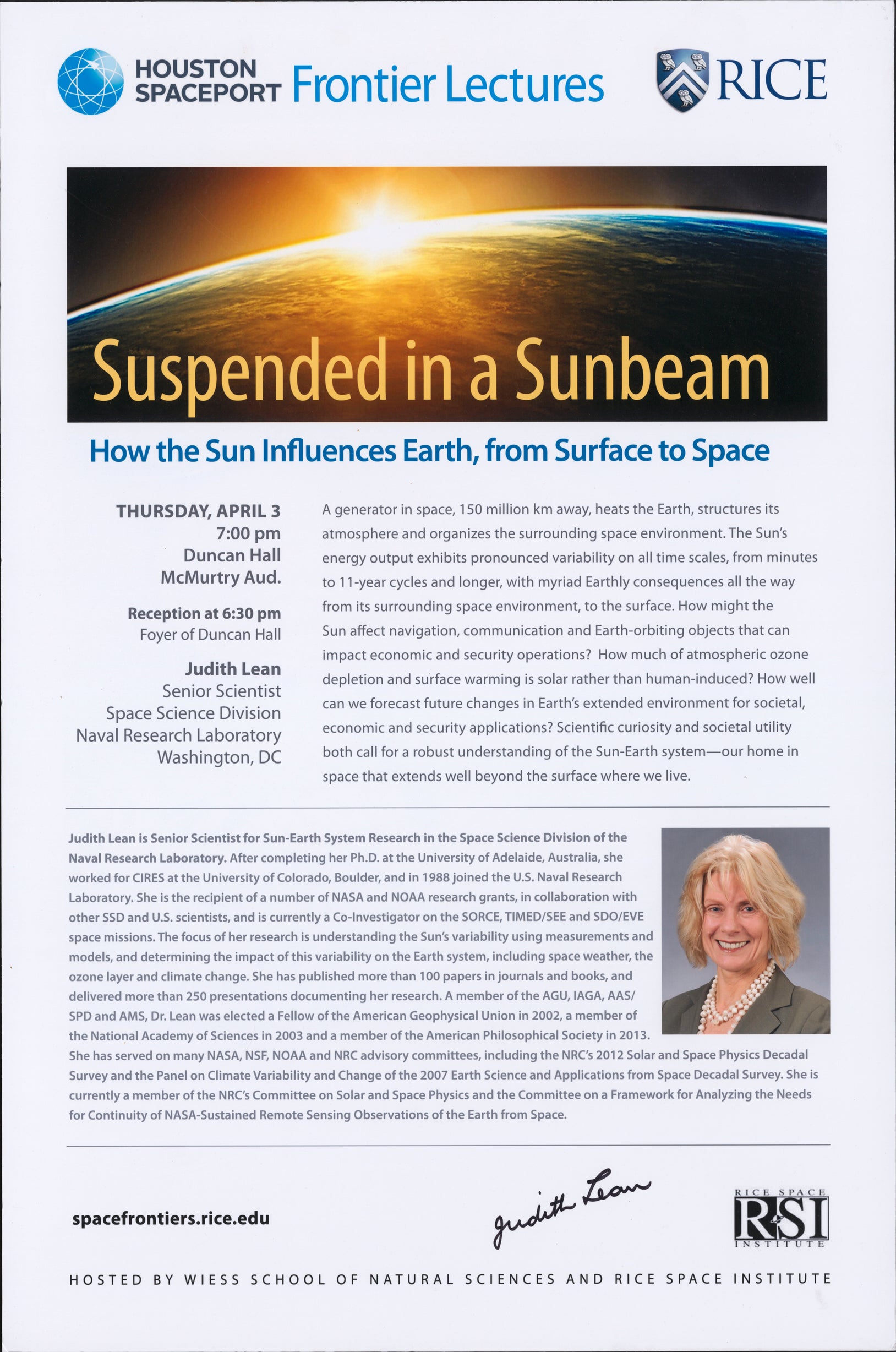 Poster of "Suspended in a Sunbeam: How the Sun Influences Earth, from Surface to Space" by Judith Lean