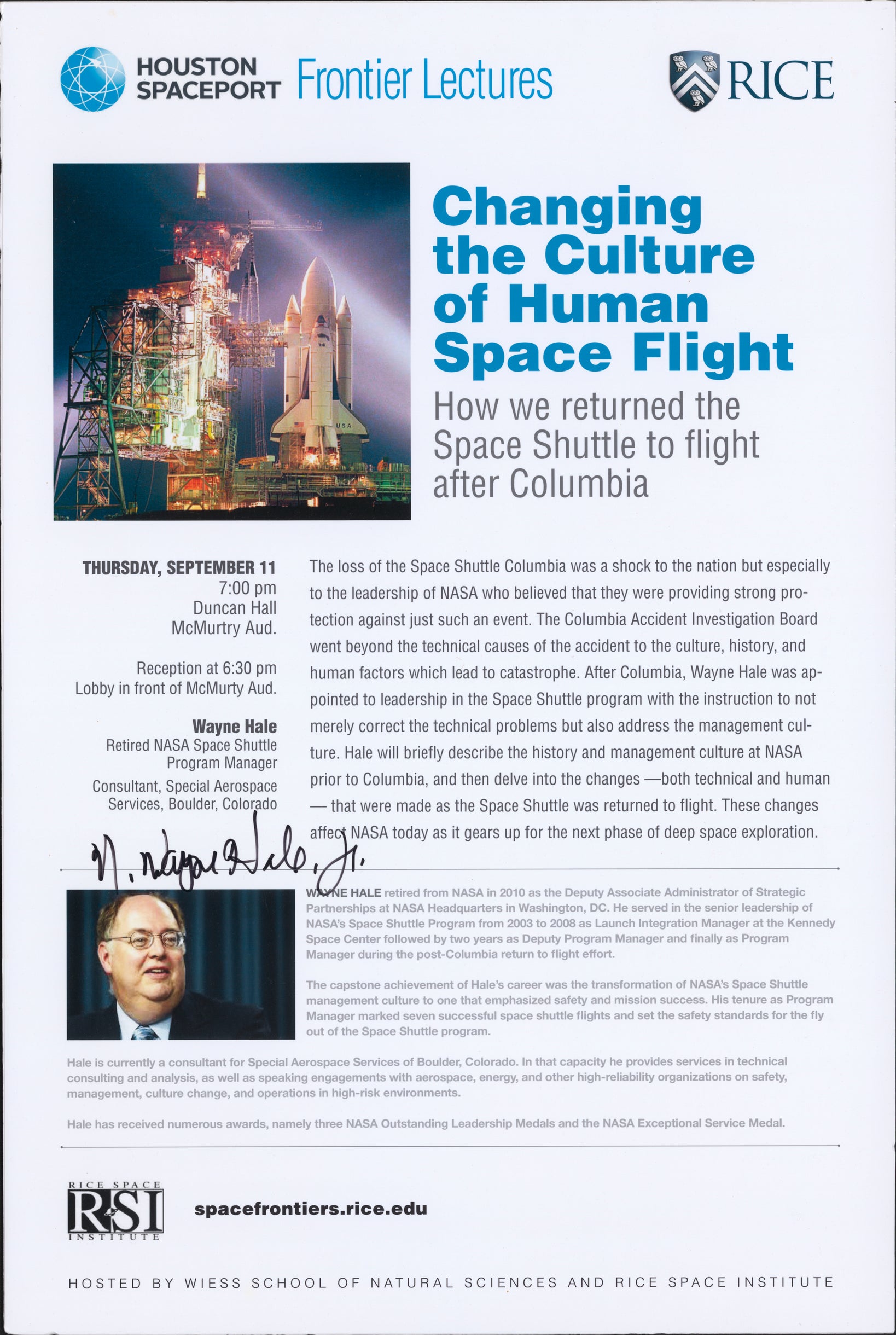 Poster of "Changing the Culture of Human Spaceflight: How We Returned the Space Shuttle to Flight after Columbia" by Wayne Hale
