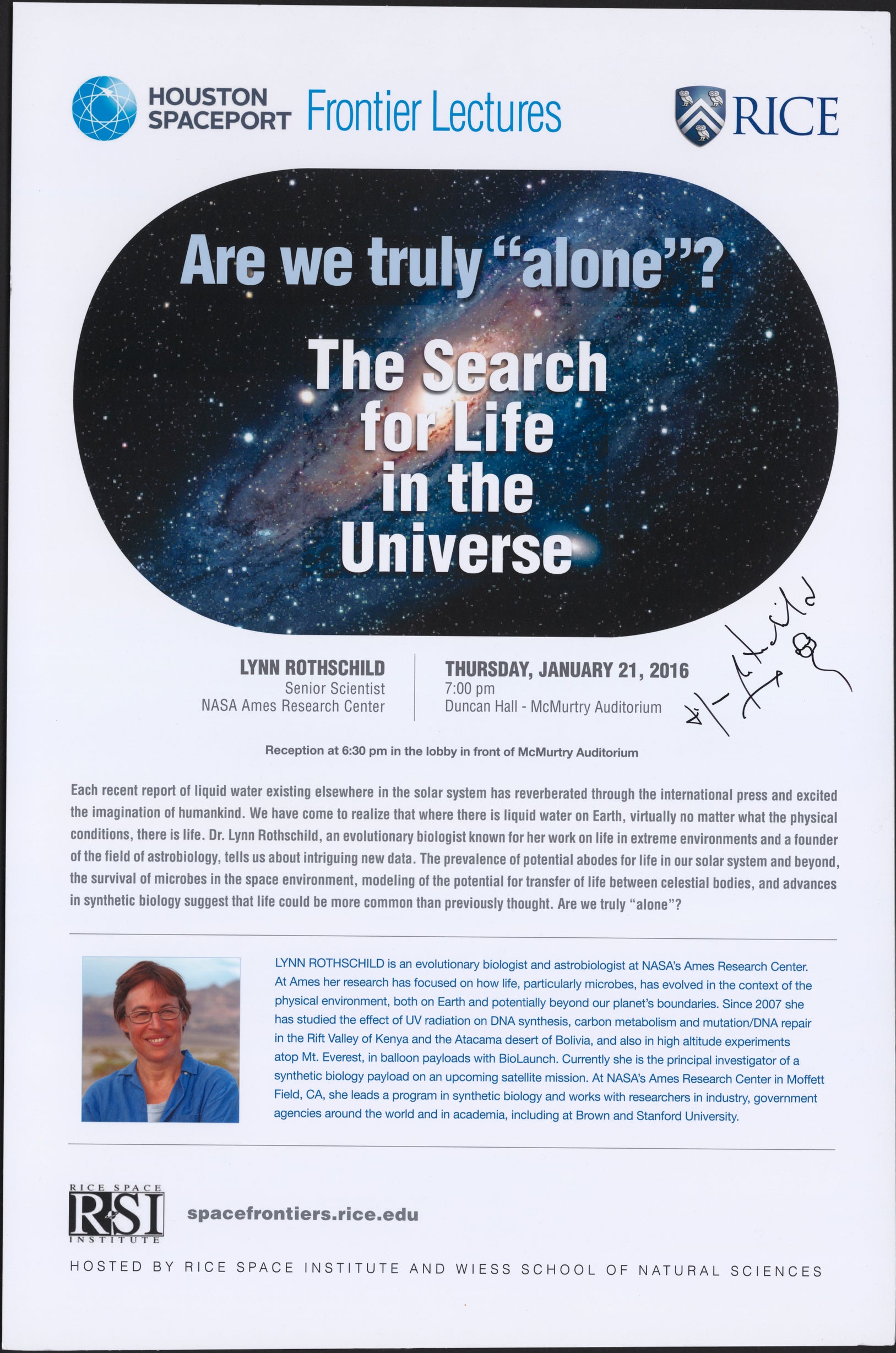 Poster of "Are we truly “alone”? The Search for Life in the Universe" by Lynn Rothschild