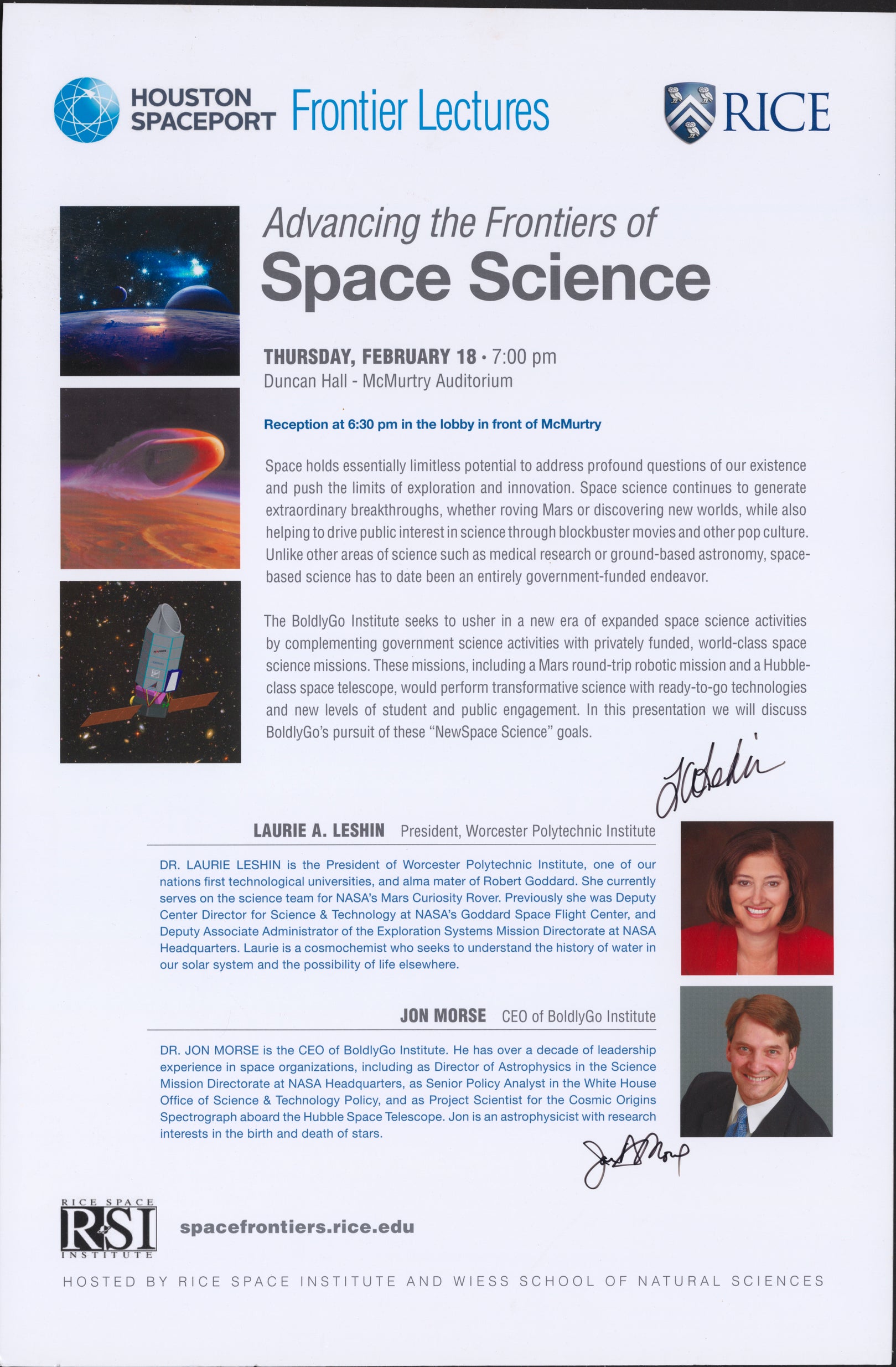 Poster of "Advancing the Frontiers of Space Science" by Laurie Leshin and Jon Morse