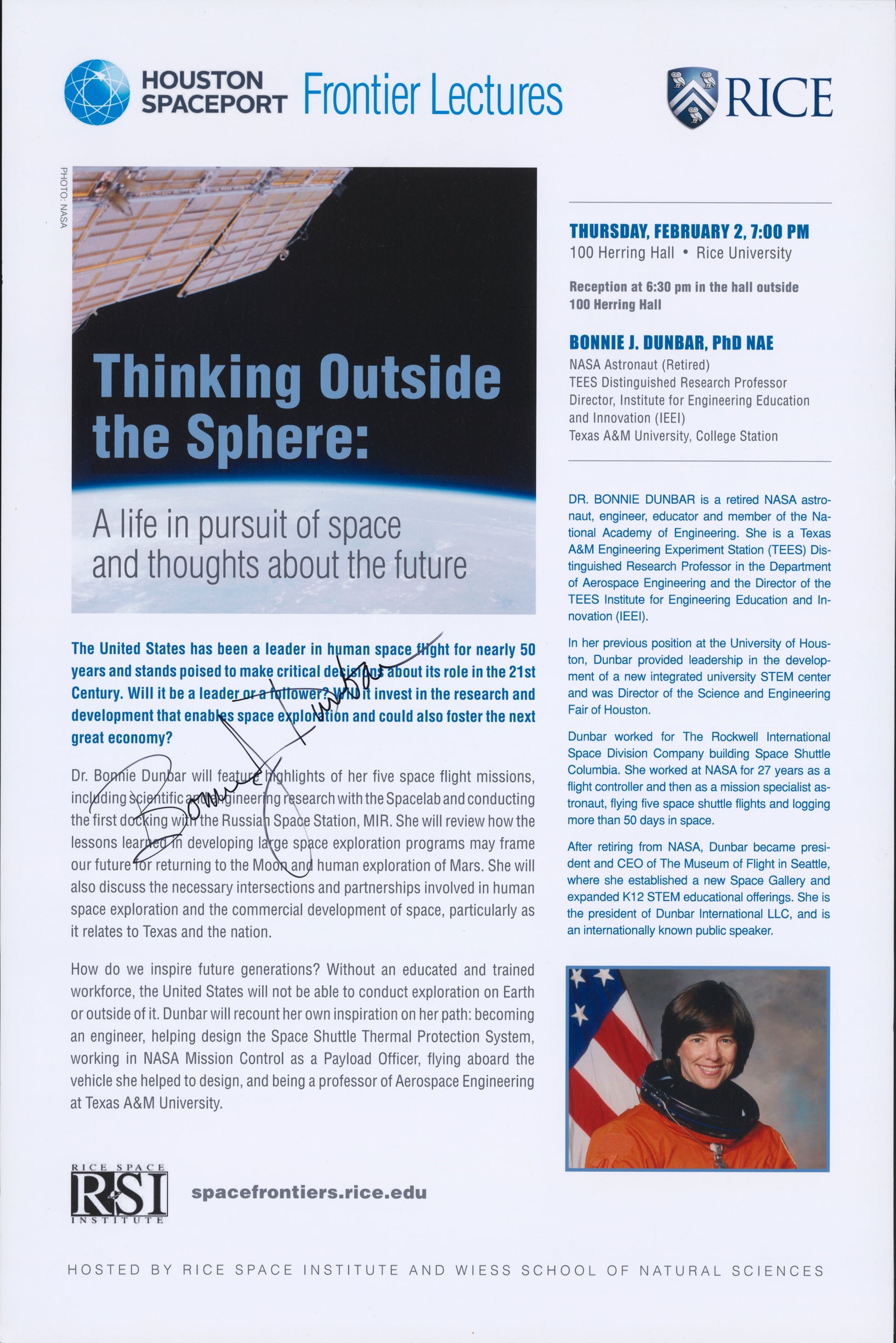 Poster of Thinking Outside the Sphere: A life in pursuit of Space and Thoughts about the Future by Bonnie Dunbar