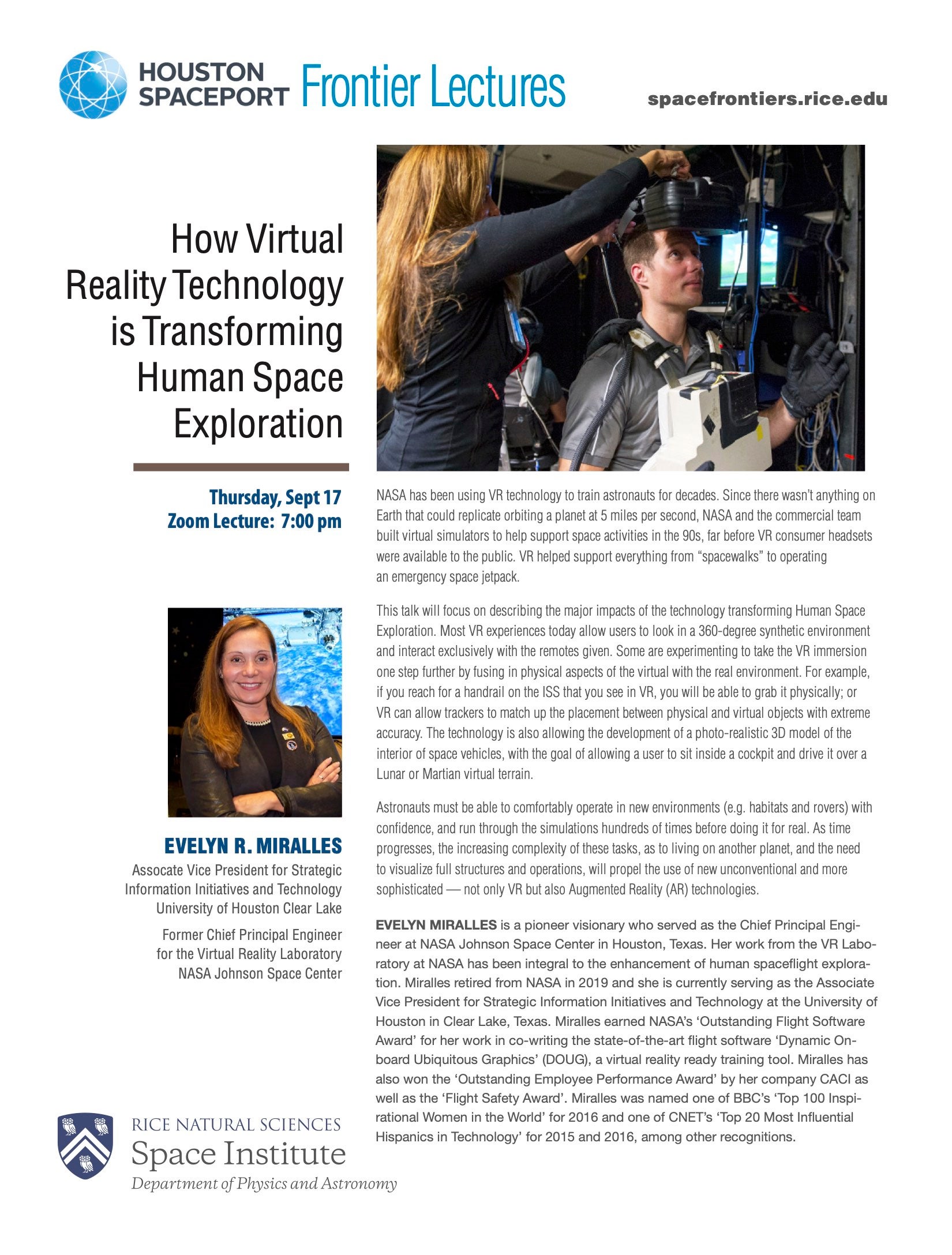 Poster of Evelyn Miralles' presentation on How VR Technology is Changing Human Space Exploration 