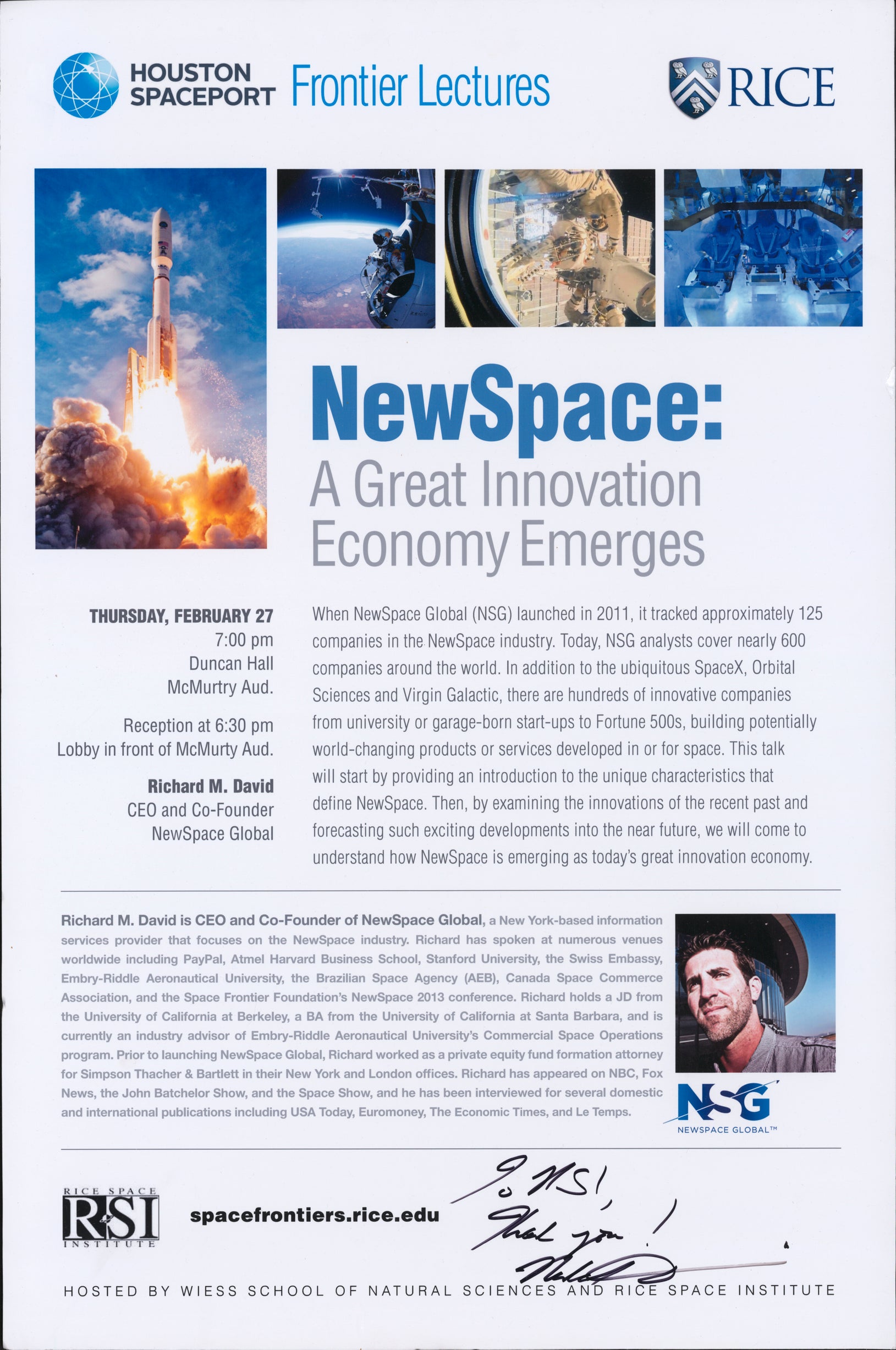 When NewSpace Global (NSG) launched in 2011, it tracked approximately 125 companies in the NewSpace industry. Today, NSG analysts cover nearly 600 companies around the world. In addition to the ubiquitous SpaceX, Orbital Sciences, and Virgin Galactic, there are hundreds of innovative companies from university or garage-born start-ups to Fortune 500s, building potentially world-changing products or services developed in or for space. This talk will start by providing an introduction to the unique characteristics that define NewSpace. Then, by examining the innovations of the recent past and forecasting such exciting developments into the near future, we will come to understand how NewSpace is emerging as today's great innovation economy.